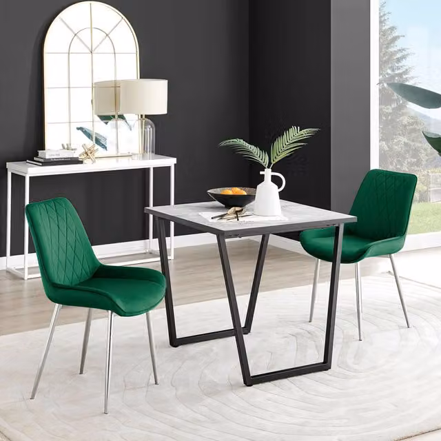 FurnitureboxUK Carson White Marble Effect Square Dining Table and 2 Green Velvet Pesaro Chairs with Silver Legs – 1