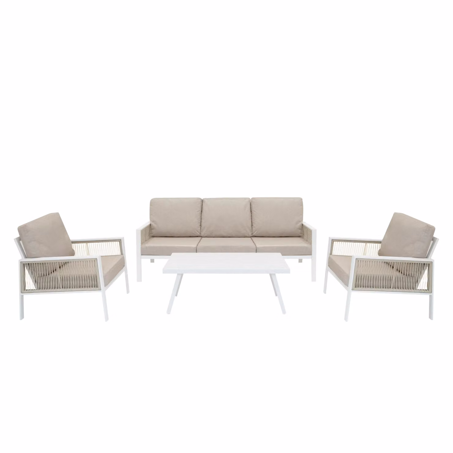 Monstershop 4 Piece White Aluminium Garden Furniture Set with Black Rattan Storage Box and Cushions – 2