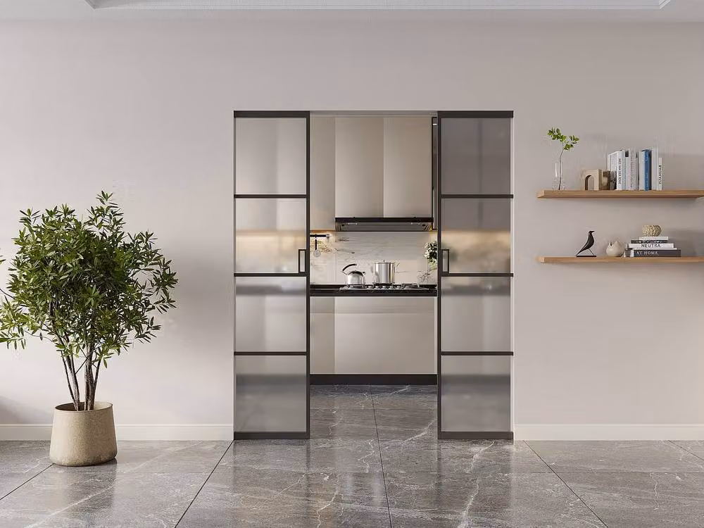 Vente-unique Industrial Double Sliding Door with Black Aluminium Frame and Frosted Glass – 2