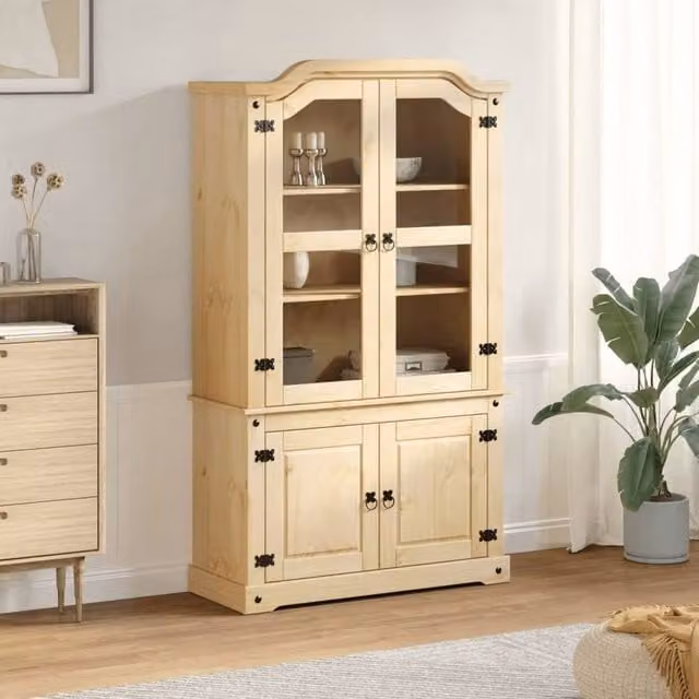 Berkfield Home Corona Glass Display Cabinet in Light Tan Solid Pine Wood, W/D/H: 103.5 x 42 x 180 cm – 1