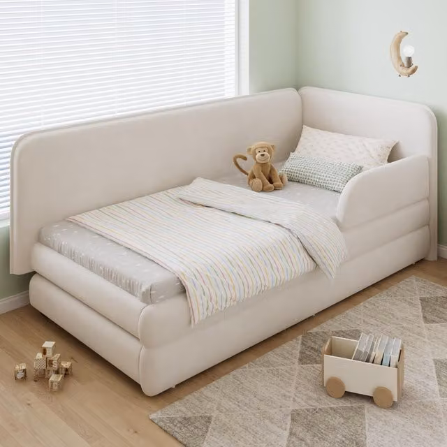 Aosom UK Beige Velvet Upholstered Single Daybed with Drawer and Side Rails, L: 205.5 cm, W: 80 cm, H: 98 cm – 1