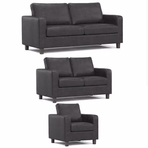 Furnishings For Less UK York 3 Piece Sofa Suite in Black Faux Leather, including 3 Seater Sofa, 2 Seater Sofa and Armchair