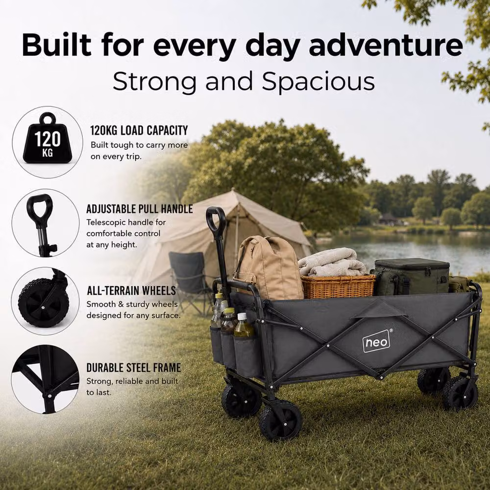 Neo Folding Garden Wagon Cart in Grey with 138L Capacity and 120kg Load Limit – 3