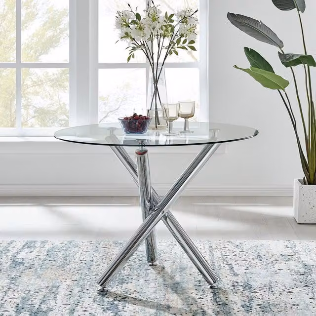 FurnitureboxUK Selina Modern Round Glass Kitchen Dining Table in Silver and Grey