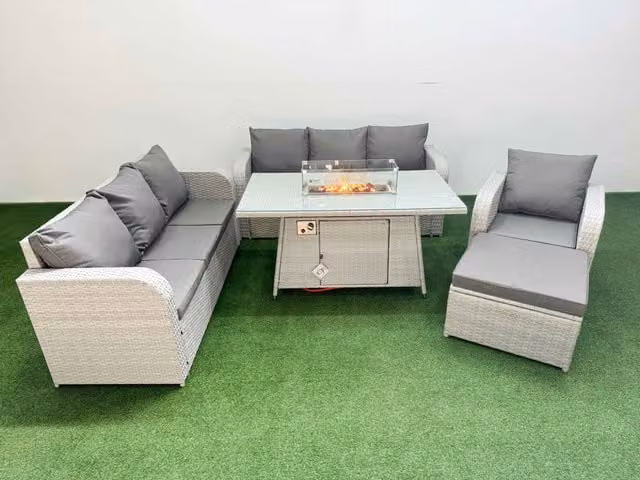 Fimous 8 Seater Poly Rattan Outdoor Garden Furniture Set with Firepit Dining Table, 3 Seater Sofa, Reclining Chairs and Big Footstool in Grey