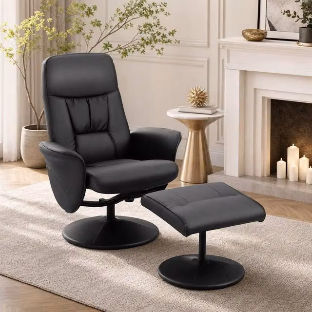 STILVORA Modern Black Synthetic Leather Recliner Armchair and Ottoman Set with 360 Degree Swivel and Manual Lever