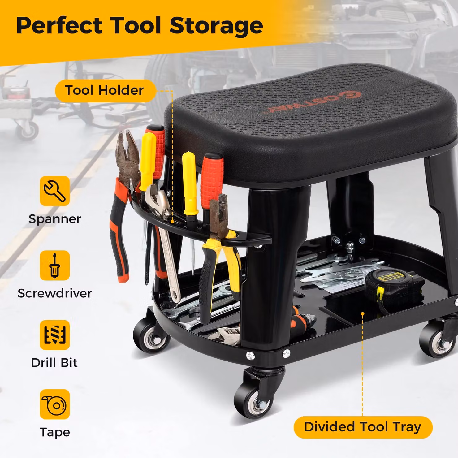 Gymax Black Metal Garage Rolling Stool Creeper Seat with Detachable Seat and Tool Holder, W/D/H: 46.0 x 35.0 x 35.0 cm – 4