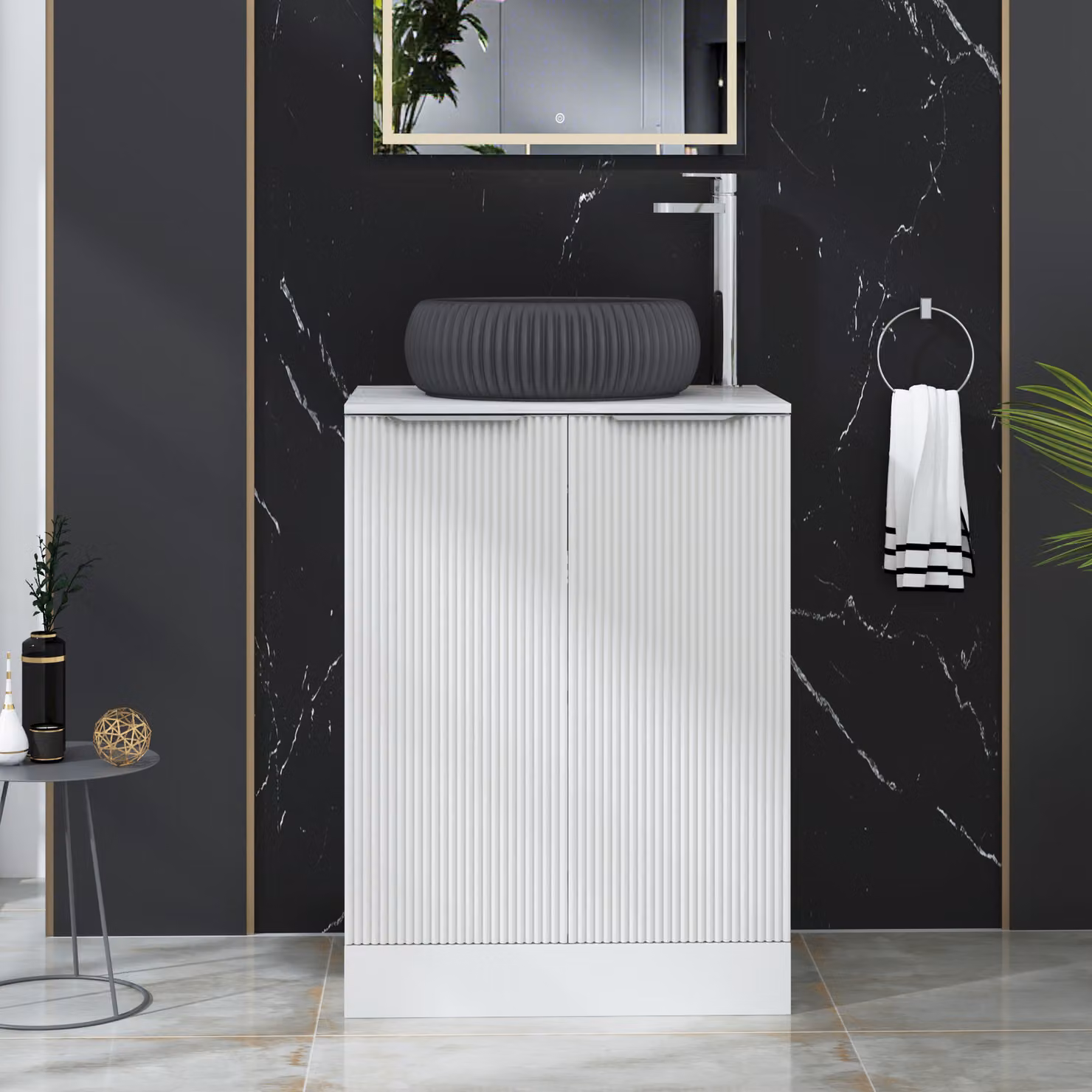 Royal Bathrooms Evora 600mm Matt White Fluted Floor Standing 2 Door Vanity Unit with Milan Black Stone Basin