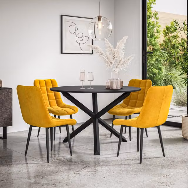 More4Homes Malvern Round Black Dining Table Set with 4 Mustard Nova Velvet Chairs and Black Oak Legs, Diameter: 120 cm
