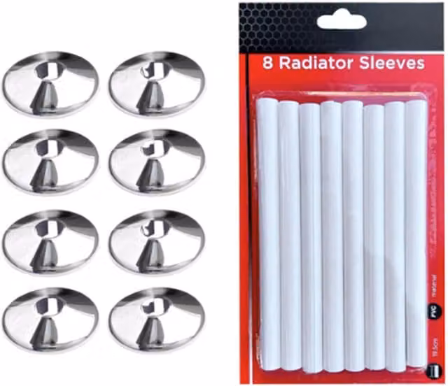 Marco Paul 16-piece radiator pipe collars and covers in white and chrome