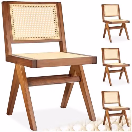 tectake Set of 4 Mid-Century Modern Dining Chairs with Solid Wood Frame and Viennese Wickerwork in Dark Brown – 1