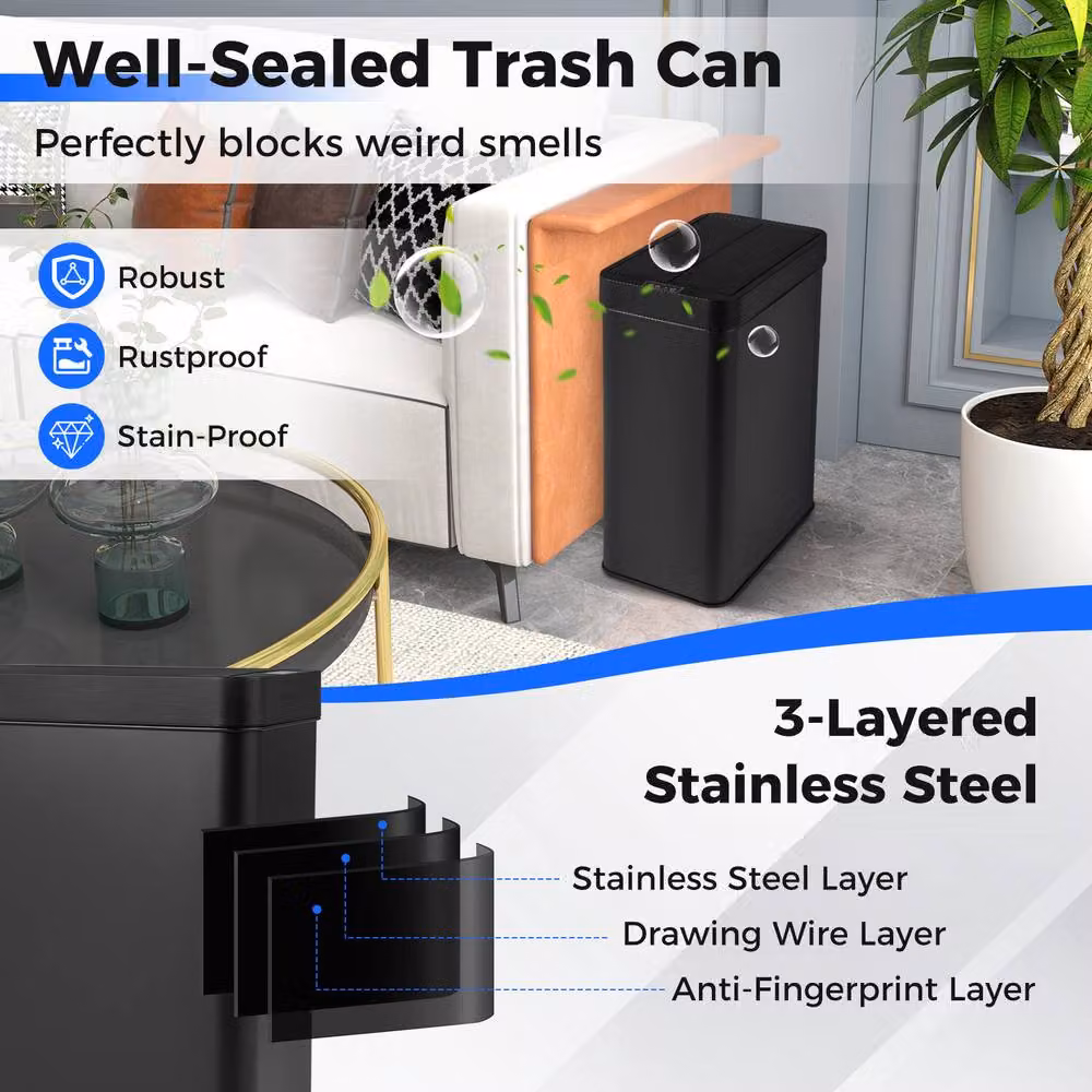 Costway 50L Automatic Sensor Slim Kitchen Trash Can in Black with Soft Close Stainless Steel Lid – 5
