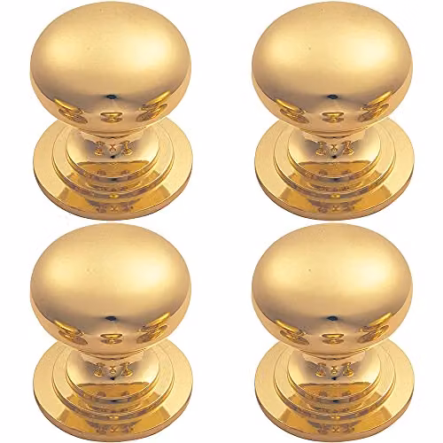 Loops 4 Pack Victorian Round Cupboard Door Knob, Polished Brass, Diameter: 25 mm