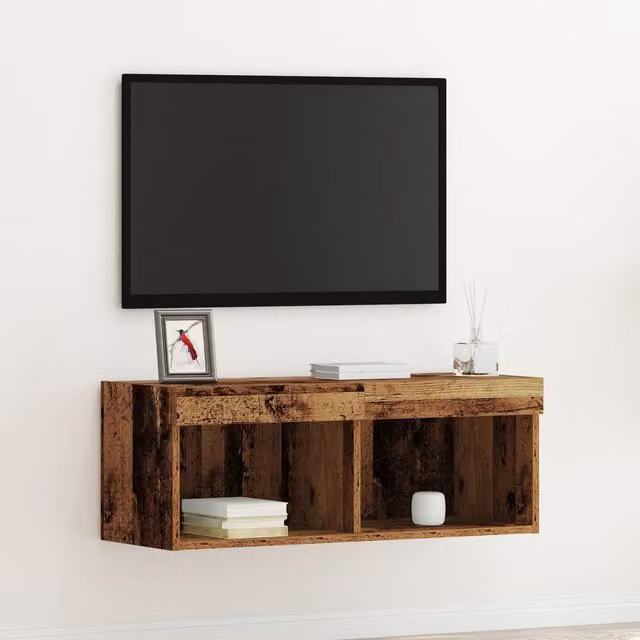 Berkfield Home Wall Mounted TV Cabinet with Integrated LED Lights in Brown Old Wood, W/D/H: 80 x 30 x 30 cm
