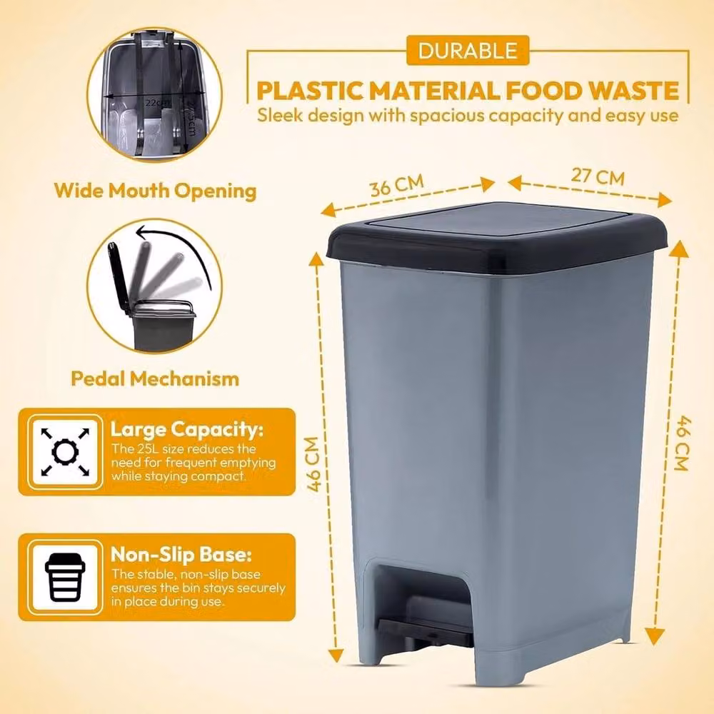 PAWNORA 25L Plastic Pedal Kitchen Waste Bin in Grey and Black, H: 46 cm, W: 36 cm – 3