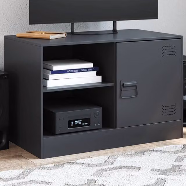 Berkfield Home Black Metal TV Cabinet with Hinged Doors and Internal Shelves W/D/H: 67 x 39 x 44 cm