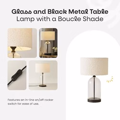 ValueLights Glass and Black Metal Table Lamp with Charcoal Grey Fabric Lampshade and LED Bulb – 2