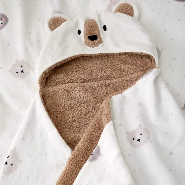 Catherine Lansfield Cosy Bear Childrens Fleece Beach Towel in Beige and White
