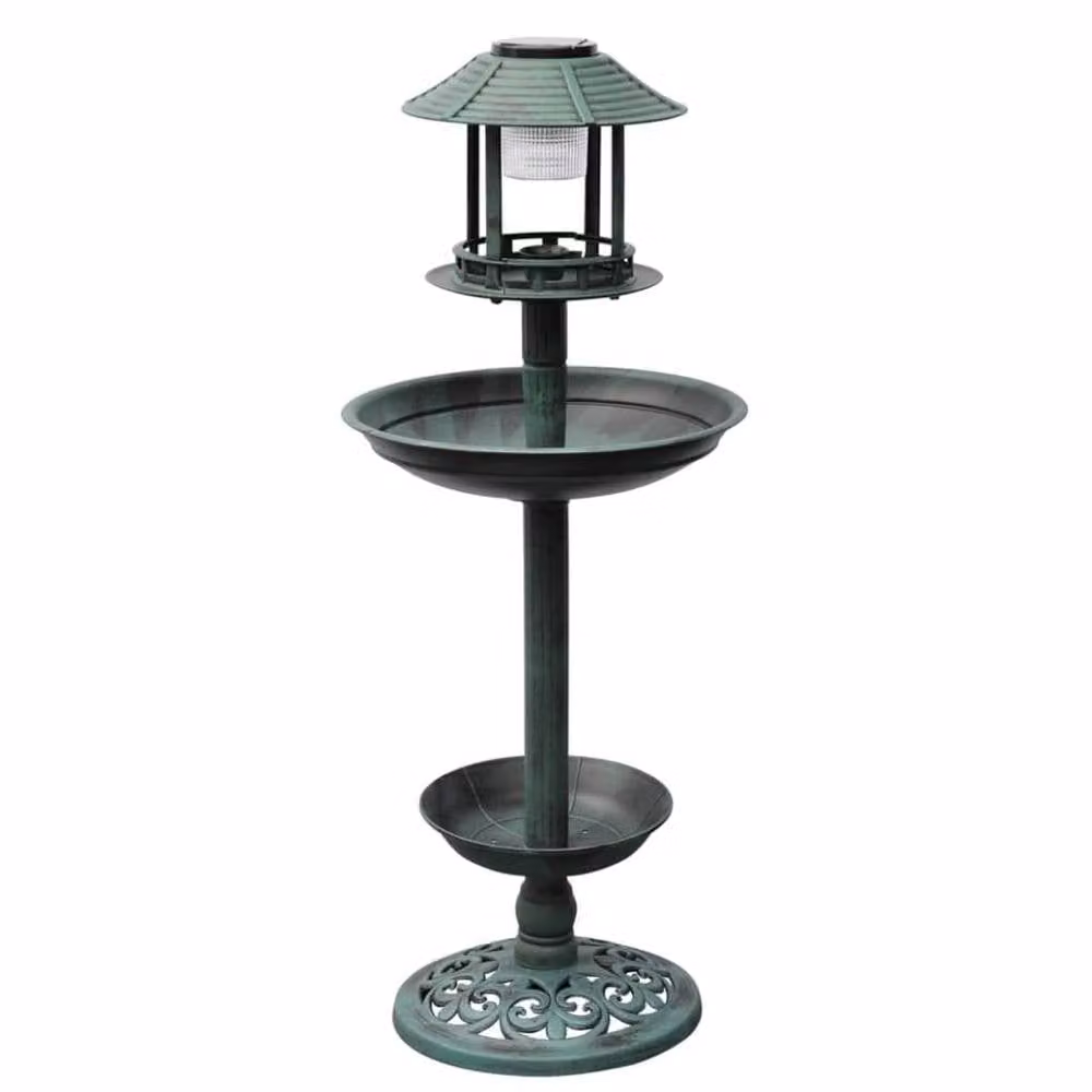 Berkfield Home Round Metal Bird Bath and Feeder with Solar Light in Green – 1