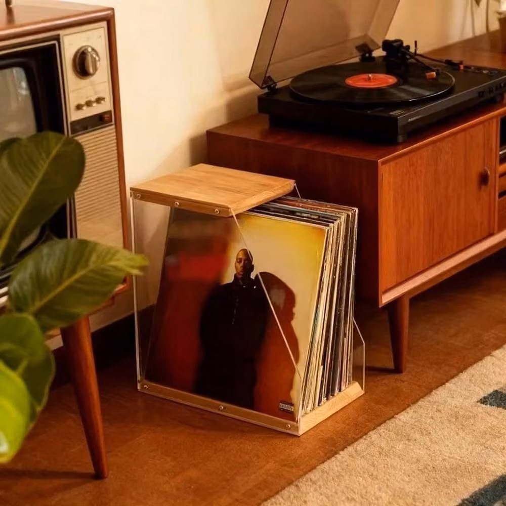 FLAVORA Premium Vinyl Record Storage with Transparent Acrylic Holder in Beige Wood, W/D/H: 36.0 x 20.0 x 20.0 cm – 2