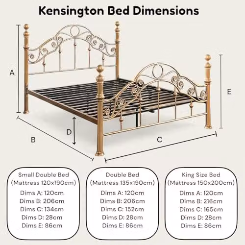 OAT Home Kensington Metal Bed Frame in Antique Brass Effect, Double Size, W/D/H: 140 x 200 x 152 cm – 2