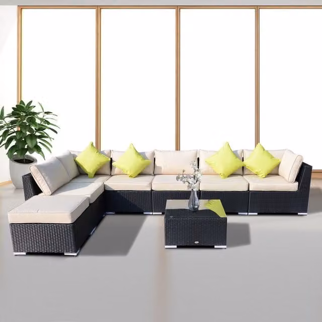 Outsunny 8 Piece Modern Rattan Garden Furniture Set in Black and Grey