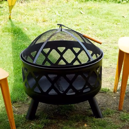 Gr8 Garden Black Steel Round Fire Bowl for Wood and Charcoal with Mesh Cover – 5