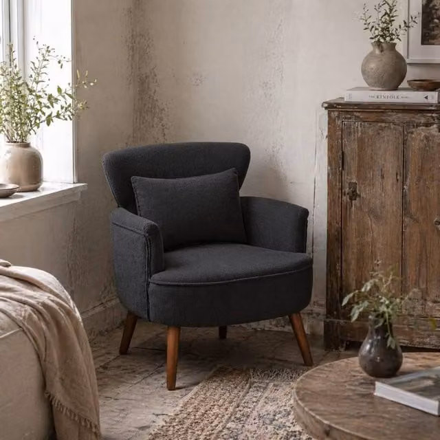 Wyld Haus Mielyo Black Corduroy Retro Accent Armchair with Solid Wood Frame, W/D/H: 78.0 x 69.0 x 69.5 cm