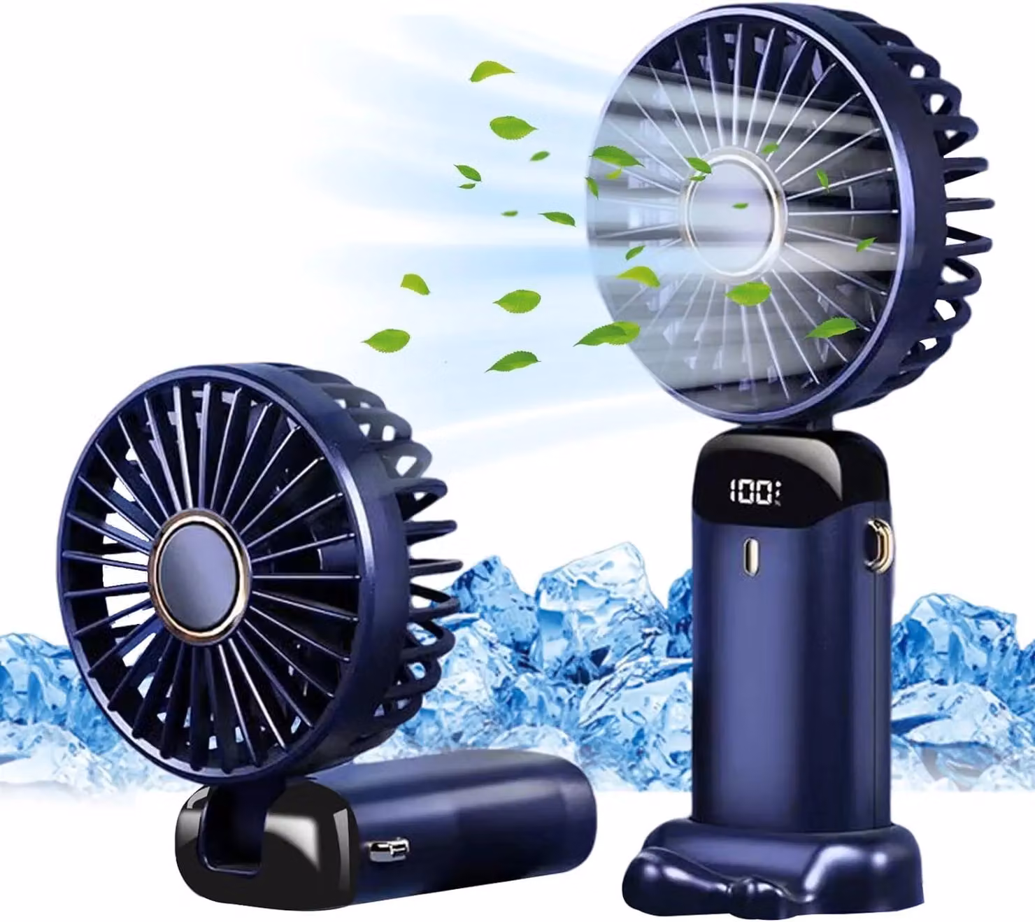 Dyzi 2-in-1 Portable Mini Handheld Desk Fan, USB-C Rechargeable, Dark Blue – 2