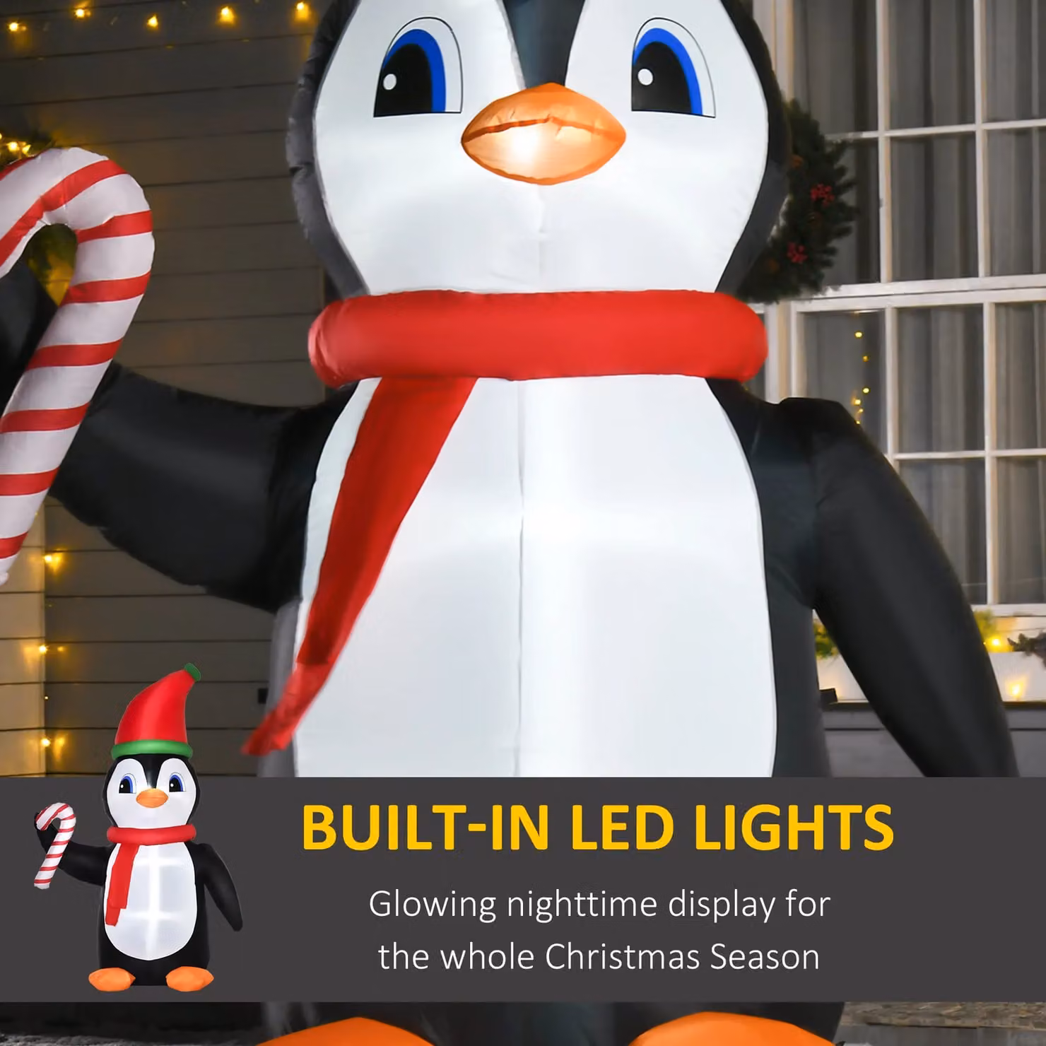 HOMCOM 8ft Inflatable Christmas Penguin Holding Candy Cane with Built-in LED, Black – 3
