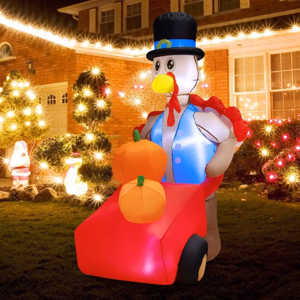 Costway 6ft Multicolour Inflatable Thanksgiving Turkey with Pumpkin Cart and Lights – 9