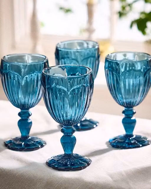 Dibor Set of 4 Blue Embossed Floral Wine Goblets, 280ml per glass – 1