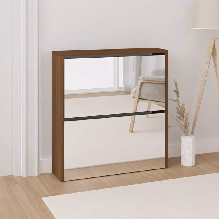 Berkfield Home 2-Layer Modern Shoe Cabinet with Mirror in Brown Oak, W/D/H: 63 x 17 x 67 cm