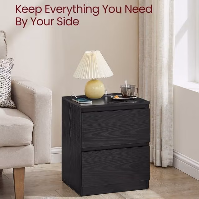VASAGLE Set of 2 Black Minimalist Nightstands with 2 AC Outlets and 2 USB Ports