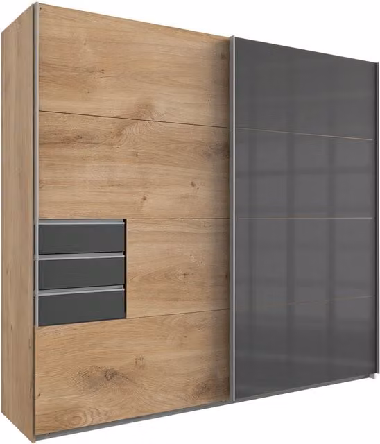 TJS Saigon Solo Sliding Wardrobe in Oak with Integrated Drawers, Width: 225 cm