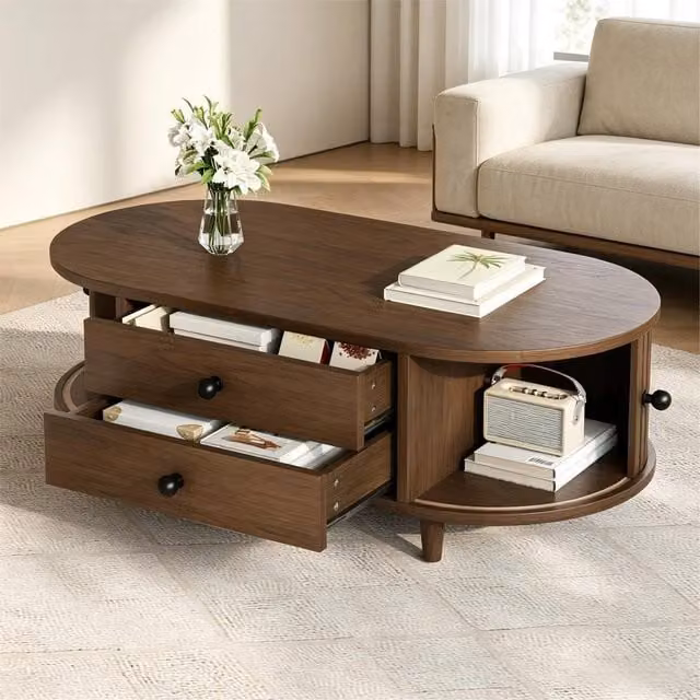 BTM Oval Coffee Table with Sliding Door Storage in Walnut Brown MDF – 1