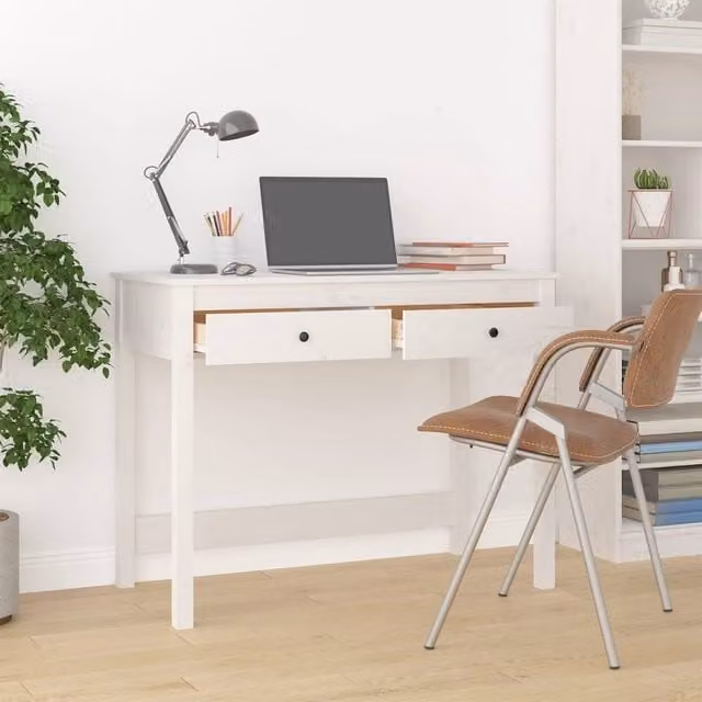 Berkfield Home Beautiful White Solid Wood Pine Writing Desk with Drawers W/D/H: 100 x 50 x 78 cm