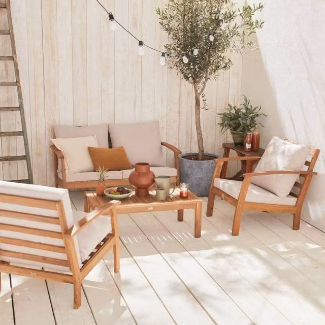 sweeek 4-Seater Acacia Wood Garden Sofa Set with Upholstered Cushions in Brown – 1