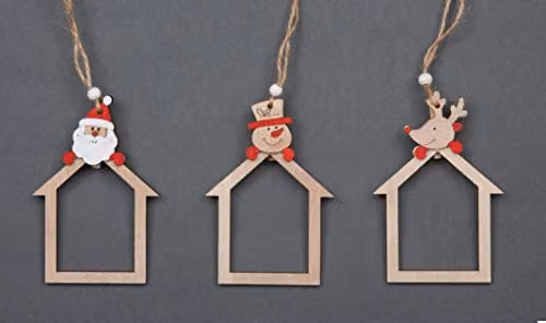 Shatchi Set of 3 Wooden Christmas Tree Hanging Ornaments in Brown and Multicolour featuring Santa, Reindeer and Snowman Figures, 10 cm