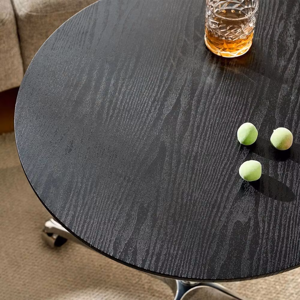 FORGEVIO Round Adjustable Height Coffee Table with MDF Wood Top, Metal Legs and Castors in Black and Multicolour – 2