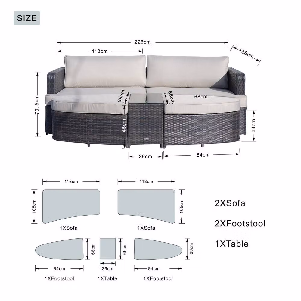 Direct Wicker Brown L-Shape Outdoor Garden Furniture Set with 2-Seater Sofa, Ottoman, Coffee Table and Upholstered Cushions – 4