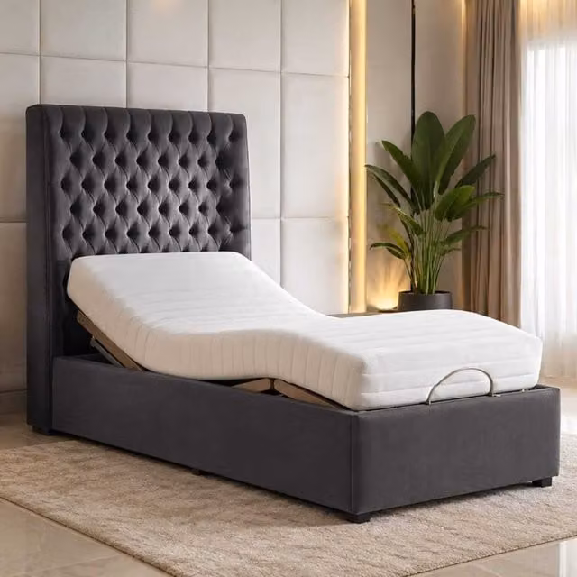 Whitby Electric Adjustable Bed with Mattress in Grey Fabric, W/D/H: 140 x 200 cm