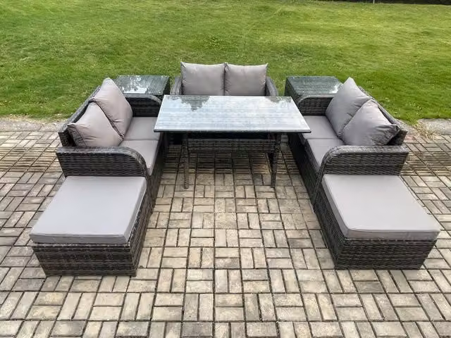 Fimous Dark Grey Outdoor Rattan Garden Furniture Lounge Sofa Set with Oblong Rectangular Dining Table, 2 Footstools and 2 Side Tables