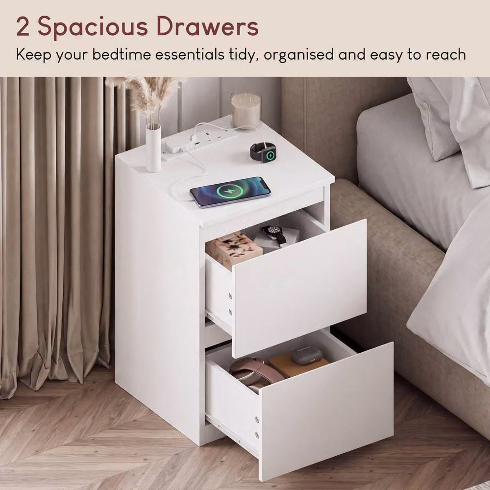 Vida Designs Denver 2 Drawer Bedside Chest with Power Outlet, Set of 2, White – 3