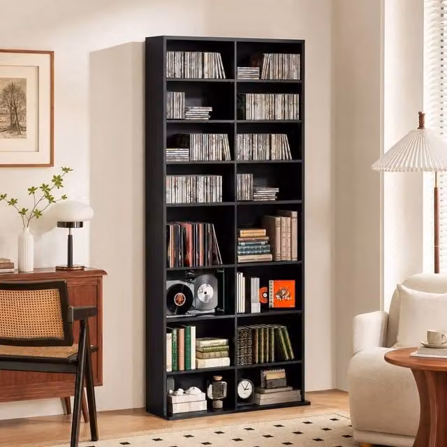 STILVORA CD Storage Tower in Black with 14 Adjustable Shelves