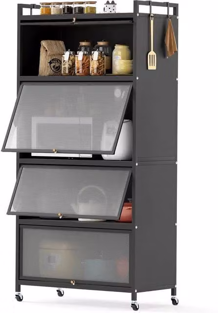 VOGREX 5-Tier Black Metal Kitchen Storage Cabinet with Hinged Glass Doors and Wheels