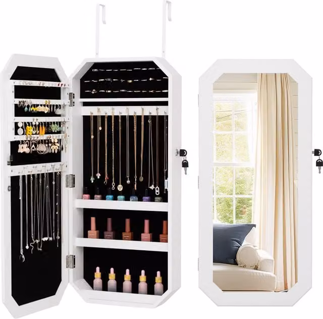 COSTWAY Lockable Full Length Mirror Jewellery Cabinet in White