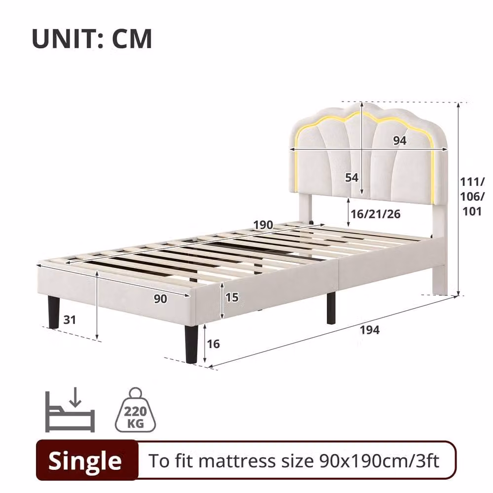 Rolipo Double Upholstered Velvet Bed Frame with RGB LED Headboard in White