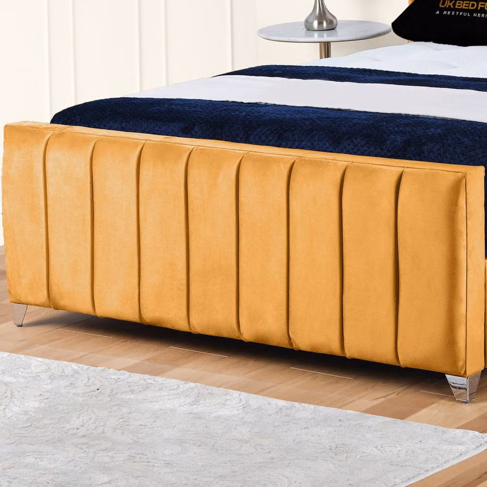 UK Bed Furniture Empire Winged Slatted Base Upholstered Velvet Bed in Yellow, Size: Super King (200 x 200 cm) – 3