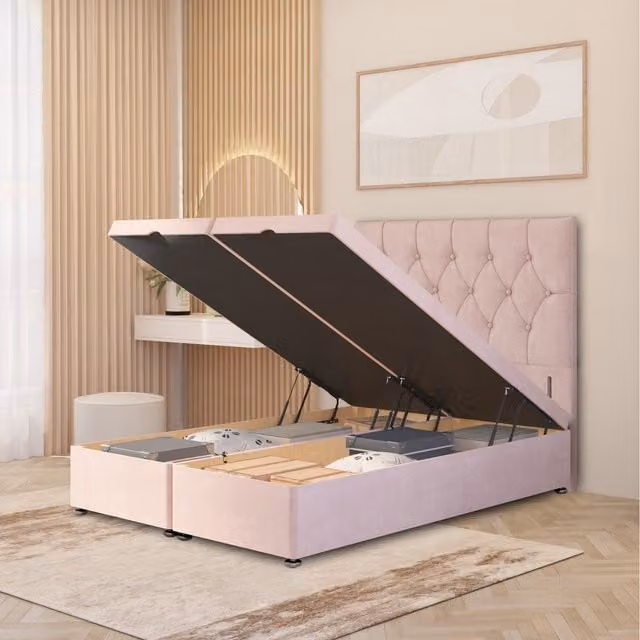 Somnior Beds Ltd Chesterfield Velvet Ottoman Bed with Gas Lift and 54 inch Floor Standing Headboard, Pink, W/D/H: 150 x 200 x 137 cm